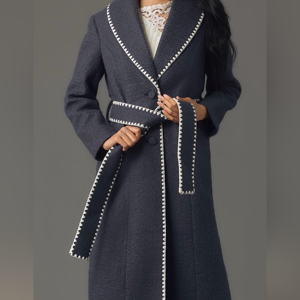 Avec Les Filles Blanket-Stitch Belted Shawl-Collar Coat